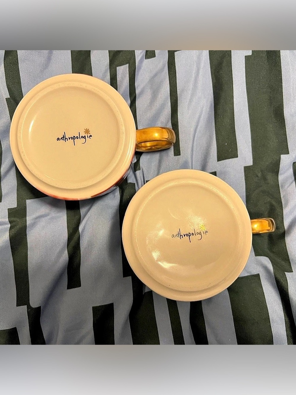 Anthropologie Stoneware Mugs Set of 2 in Pink & Grey with Gold - Picture 2 of 3
